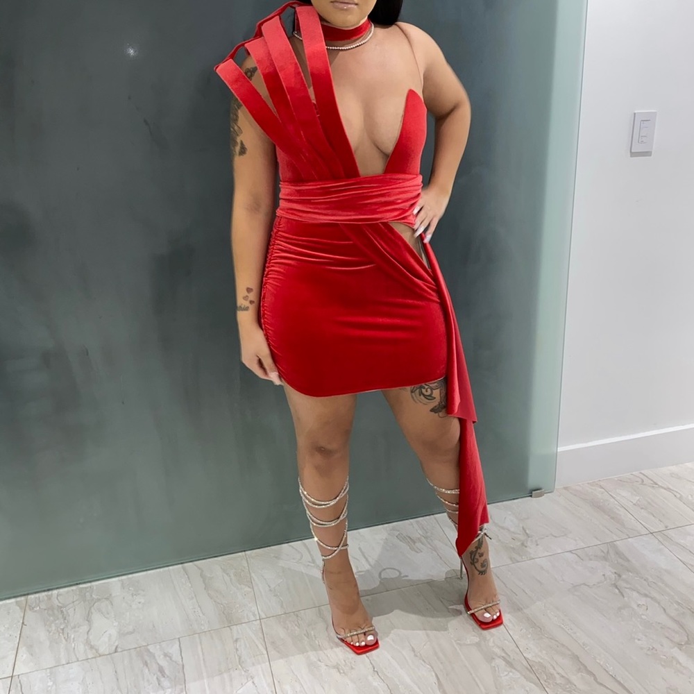 Ken White Sculpted Red Dress